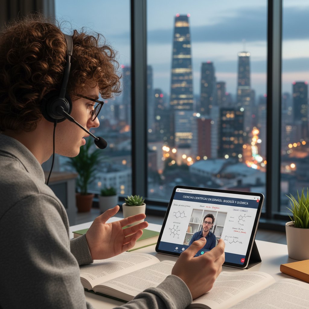 Polski student korzysta z platformy do nauki hiszpańskiego naukowego online, scena miejska w tle