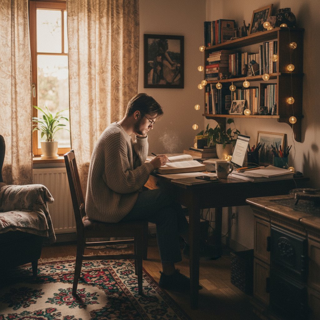 Samodzielna nauka w liceum online, student pracujący w przytulnym pokoju, laptop i notatki