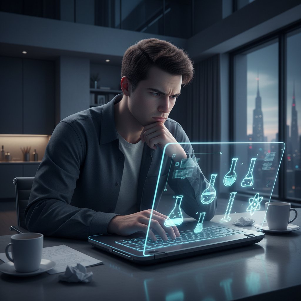 Student analizujący wirtualne laboratorium chemii analitycznej