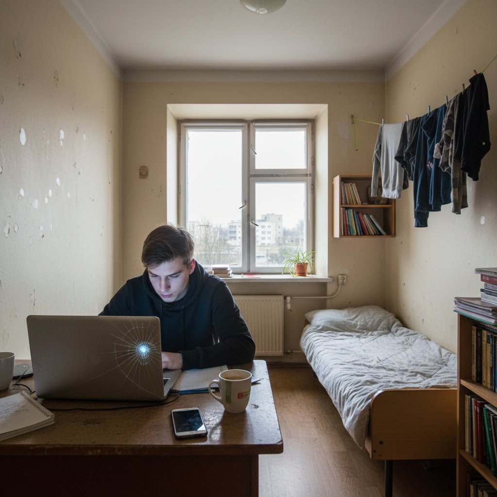 Młoda osoba ucząca się samodzielnie w niewielkim pokoju, laptop, telefon, skromne warunki