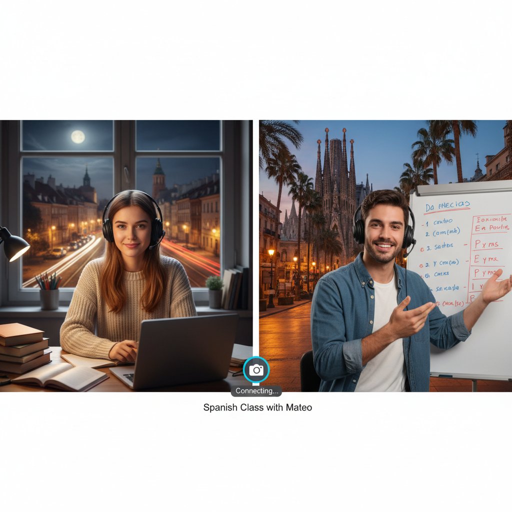 Uczeń podczas dynamicznej rozmowy online z native speakerem hiszpańskiego
