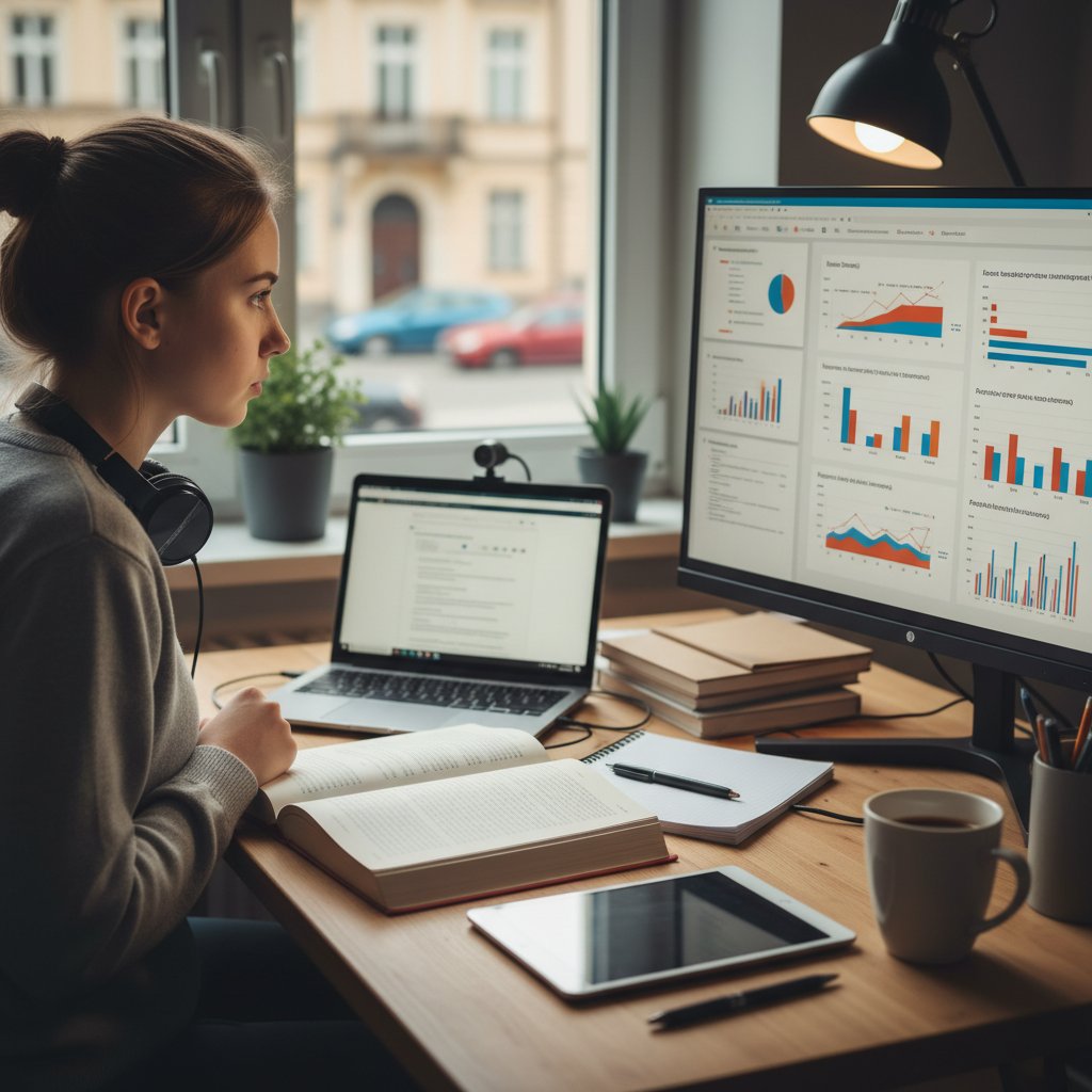 Polski uczeń analizujący wyniki nauki online na tle wykresu statystyk