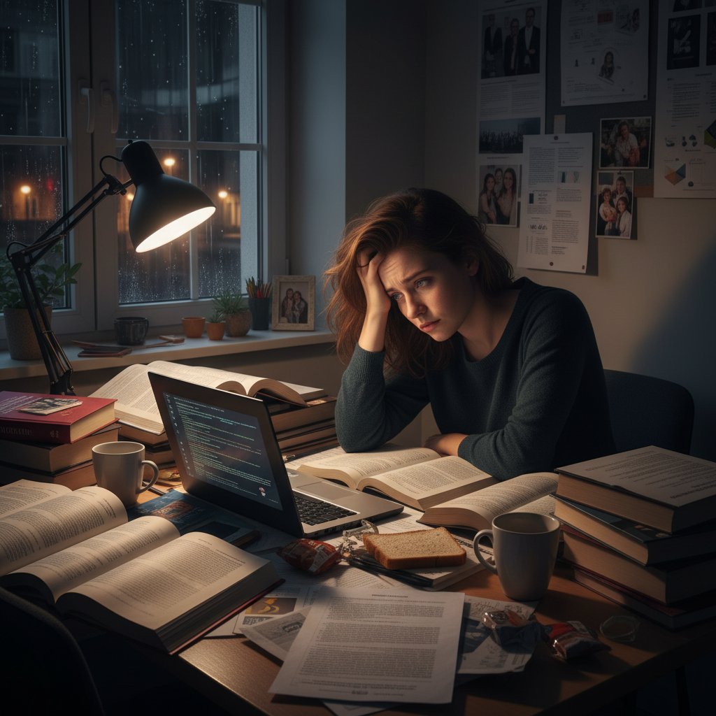 Polski maturzysta uczący się do egzaminu w stresie, otoczony książkami i notatkami, nocą przy laptopie