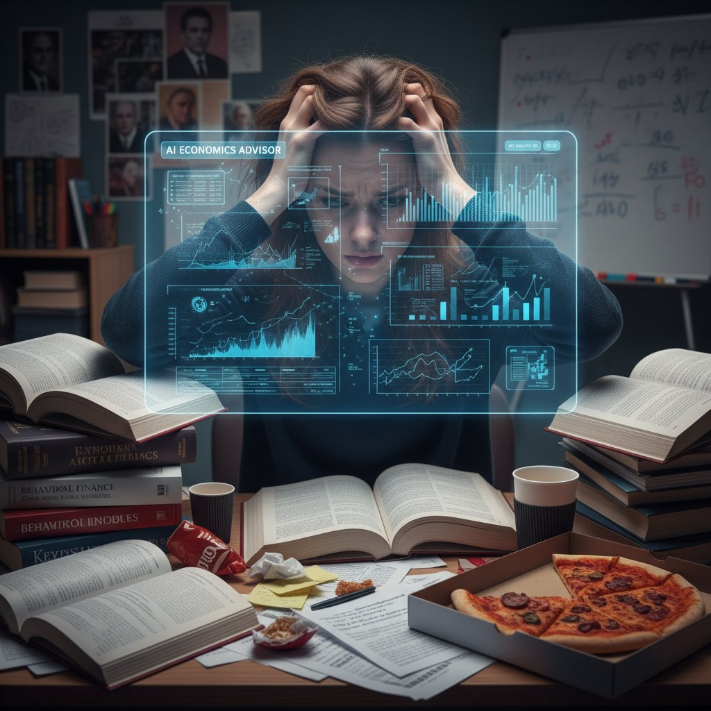 Studentka ekonomii podczas korepetycji online, z wyraźnym napięciem i skupieniem