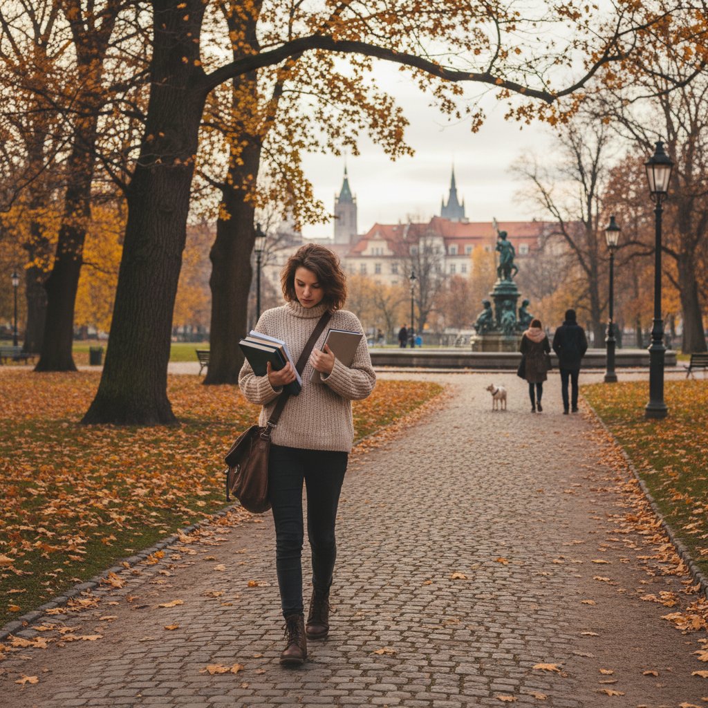 Polski uczeń uczący się podczas spaceru w miejskim parku – alternatywne metody nauki