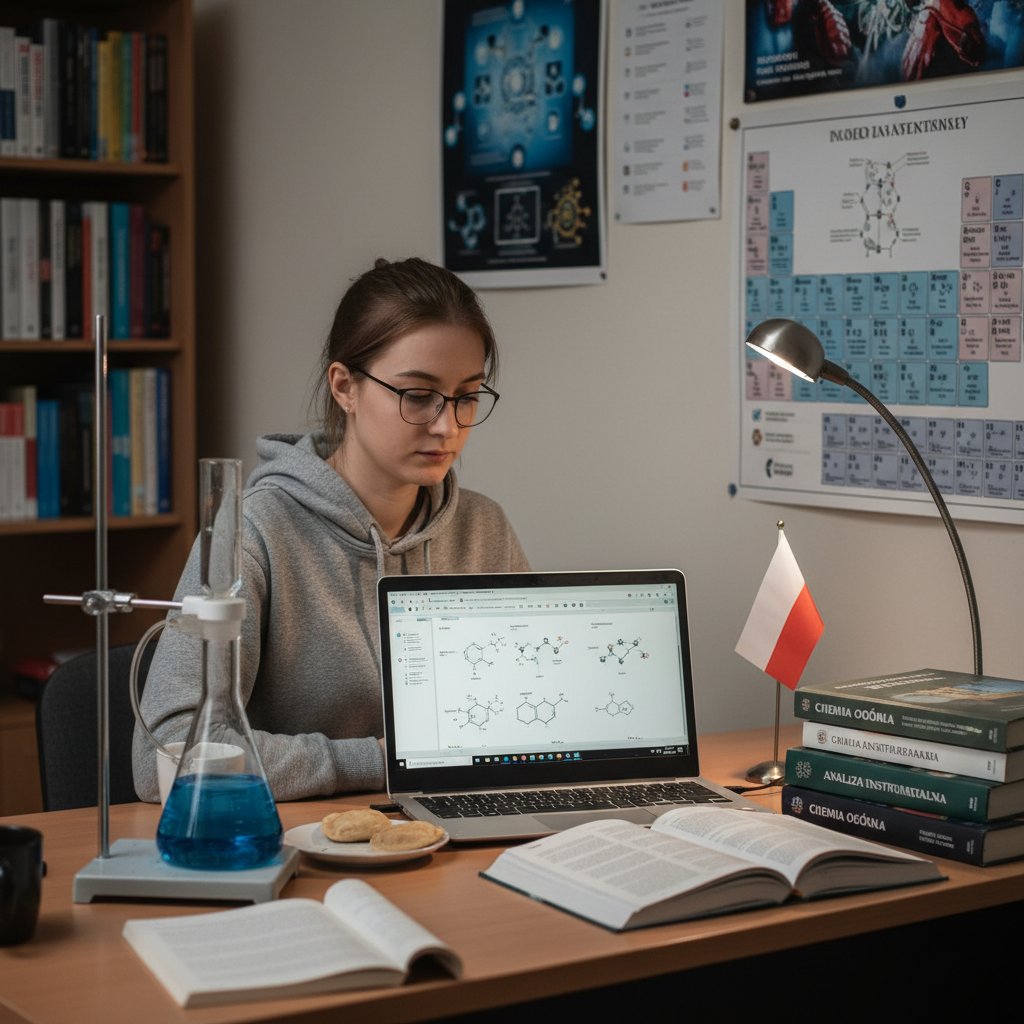 Uczeń pracujący przy biurku z laptopem, na którym wyświetla się zadanie z chemii