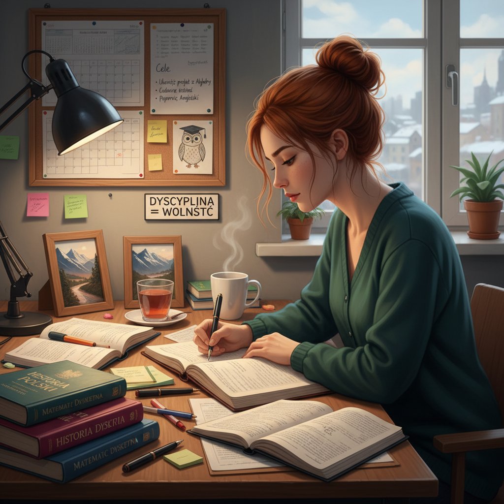 Młoda osoba robiąca notatki, skupiona przy biurku, motywacyjny cytat na ścianie, symbol samodyscypliny