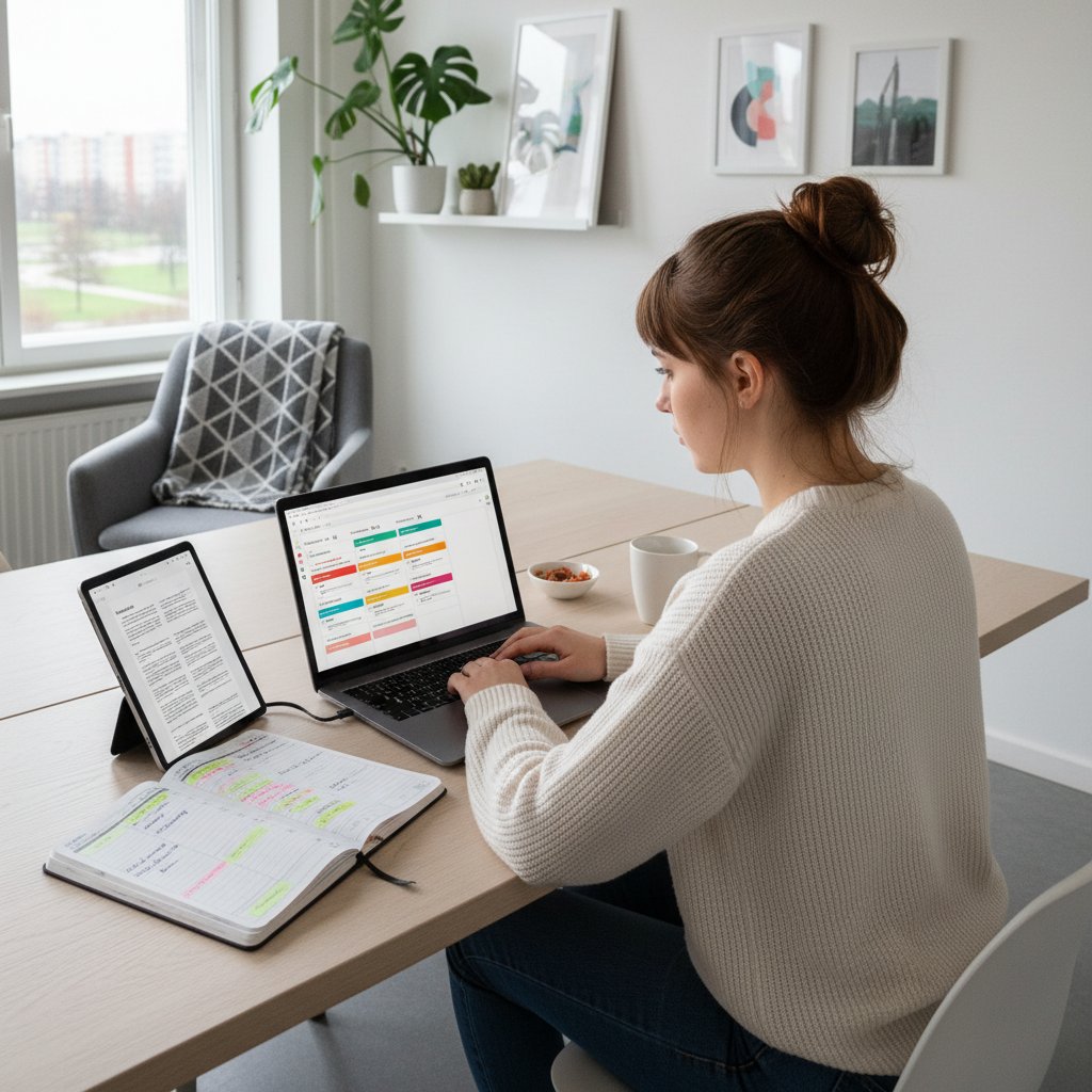 Plan nauki do matury z informatyki, uczeń przy komputerze z harmonogramem na biurku, nowoczesne otoczenie