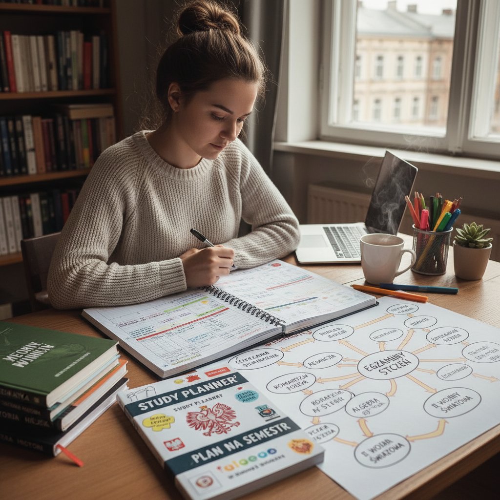 Polski uczeń przy biurku z planerem nauki, kolorowe notatki, marker, mapa myśli