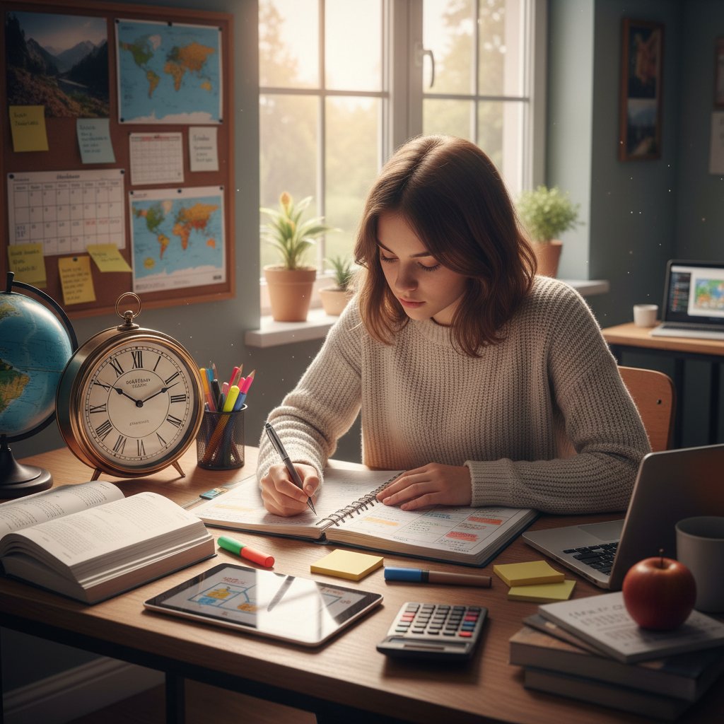 Polski student planujący naukę, w tle zegar i narzędzia edukacyjne