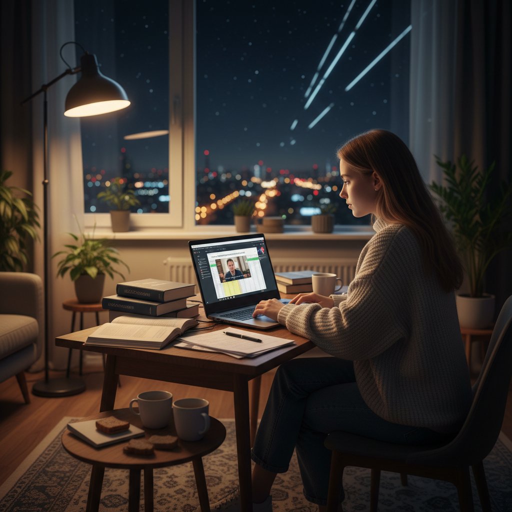 Student korzystający z korepetycji rachunkowość online przez laptop w nowoczesnym mieszkaniu, nocną porą, Warszawa