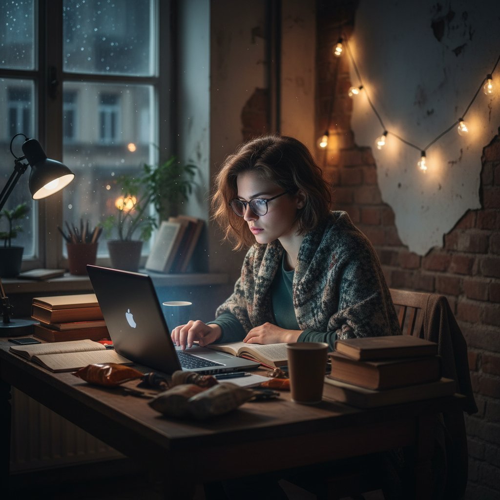 Polska studentka ucząca się biofizyki online w nocnym świetle laptopa, pełna determinacji