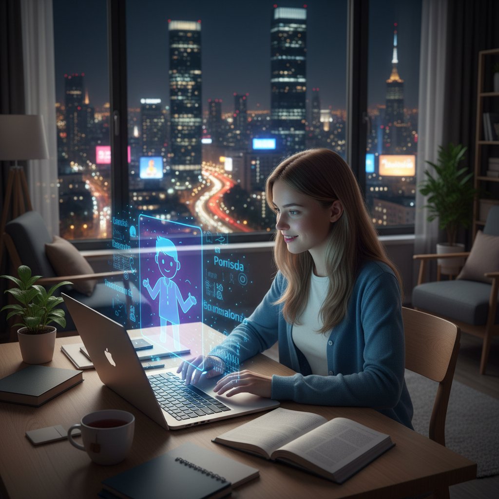 Student uczy się hiszpańskiego online, z książkami i laptopem, nocą w mieście, AI hologram