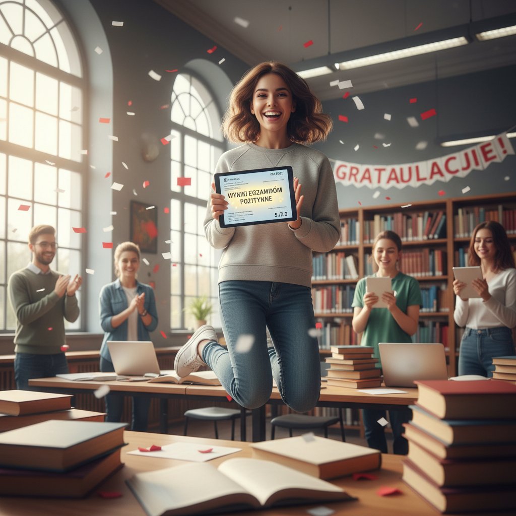 Sukces dzięki korepetycjom online, licealistka świętuje wyniki matury, radość, pewność siebie