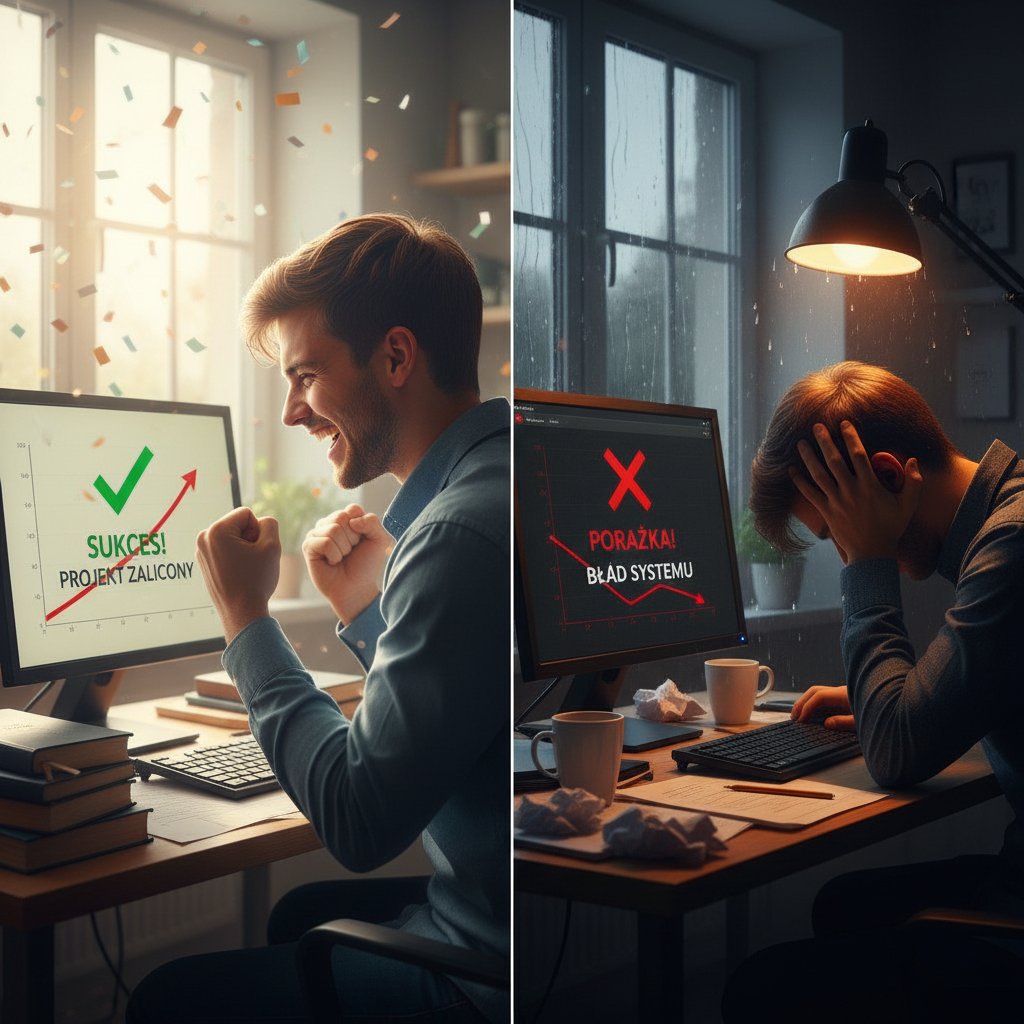 Dwie strony nauki ekonomii online: sukces i porażka. Polski uczeń z szerokim uśmiechem kontra osoba sfrustrowana przy komputerze