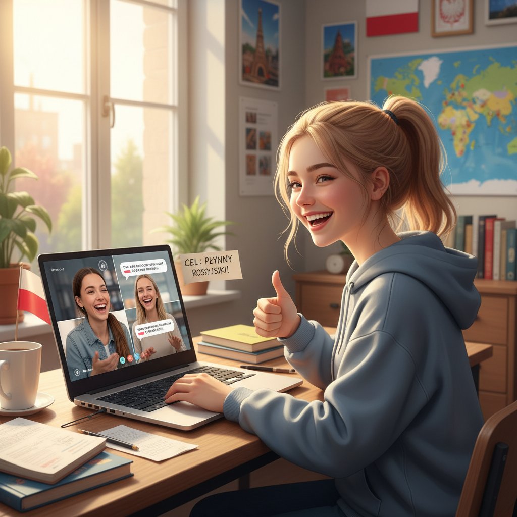 Polski student celebruje sukces po rosyjskiej konwersacji online, radość, ekran laptopa, domowa atmosfera