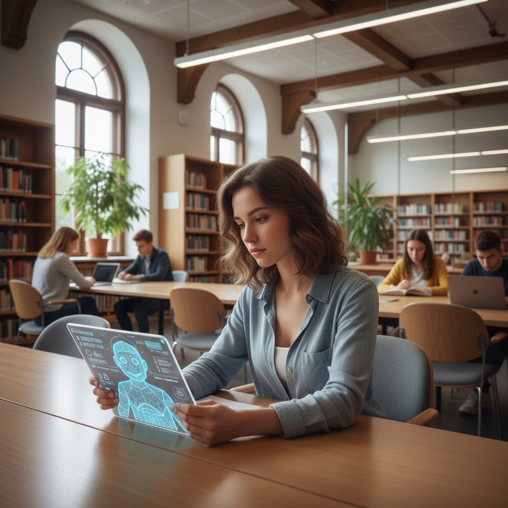 Student korzystający z aplikacji edukacyjnej na tablecie w nowoczesnej bibliotece