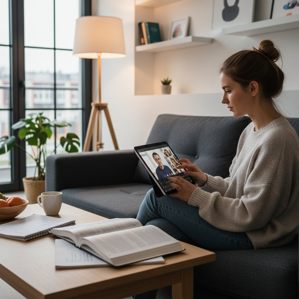 Nowoczesny student korzysta z tabletu podczas korepetycji online