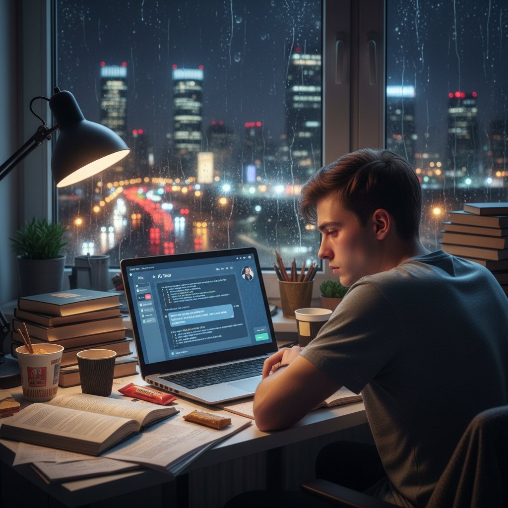 Młody polski student, zmęczone oczy, laptop z oknem czatbota AI, stosy książek, nocne światło