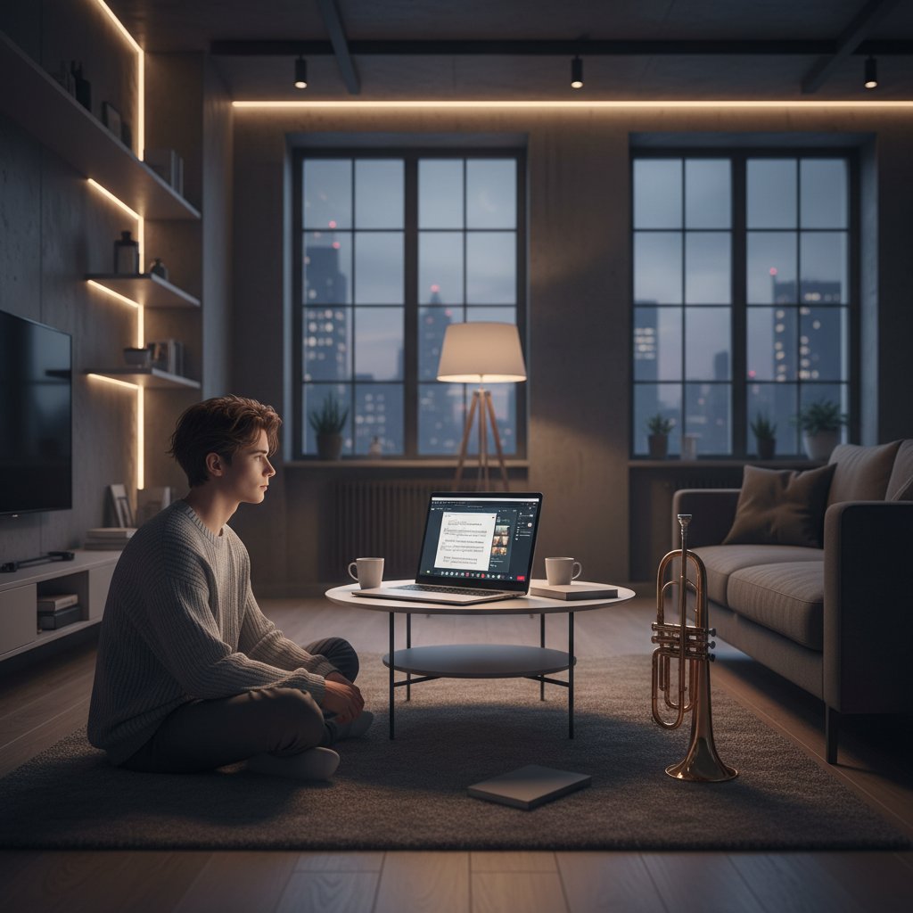 Młody uczeń z trąbką przed laptopem podczas korepetycji online w nowoczesnym mieszkaniu