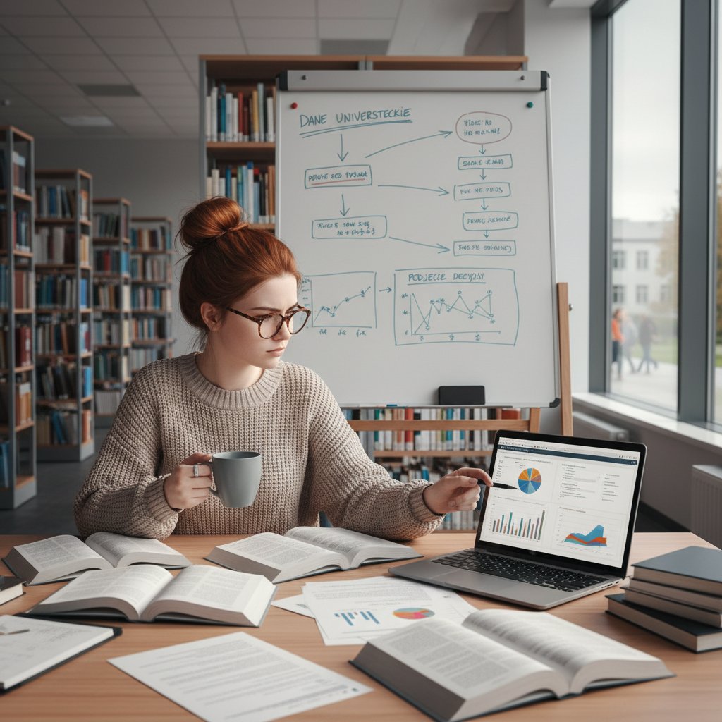Student na tle danych statystycznych polskich uczelni, symbolizujący wybór studiów