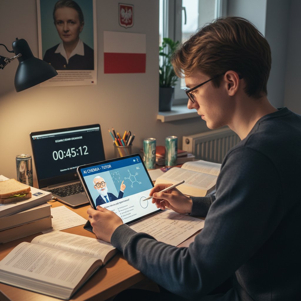 Uczeń korzystający z korepetytor.ai na laptopie podczas nauki do matury z chemii