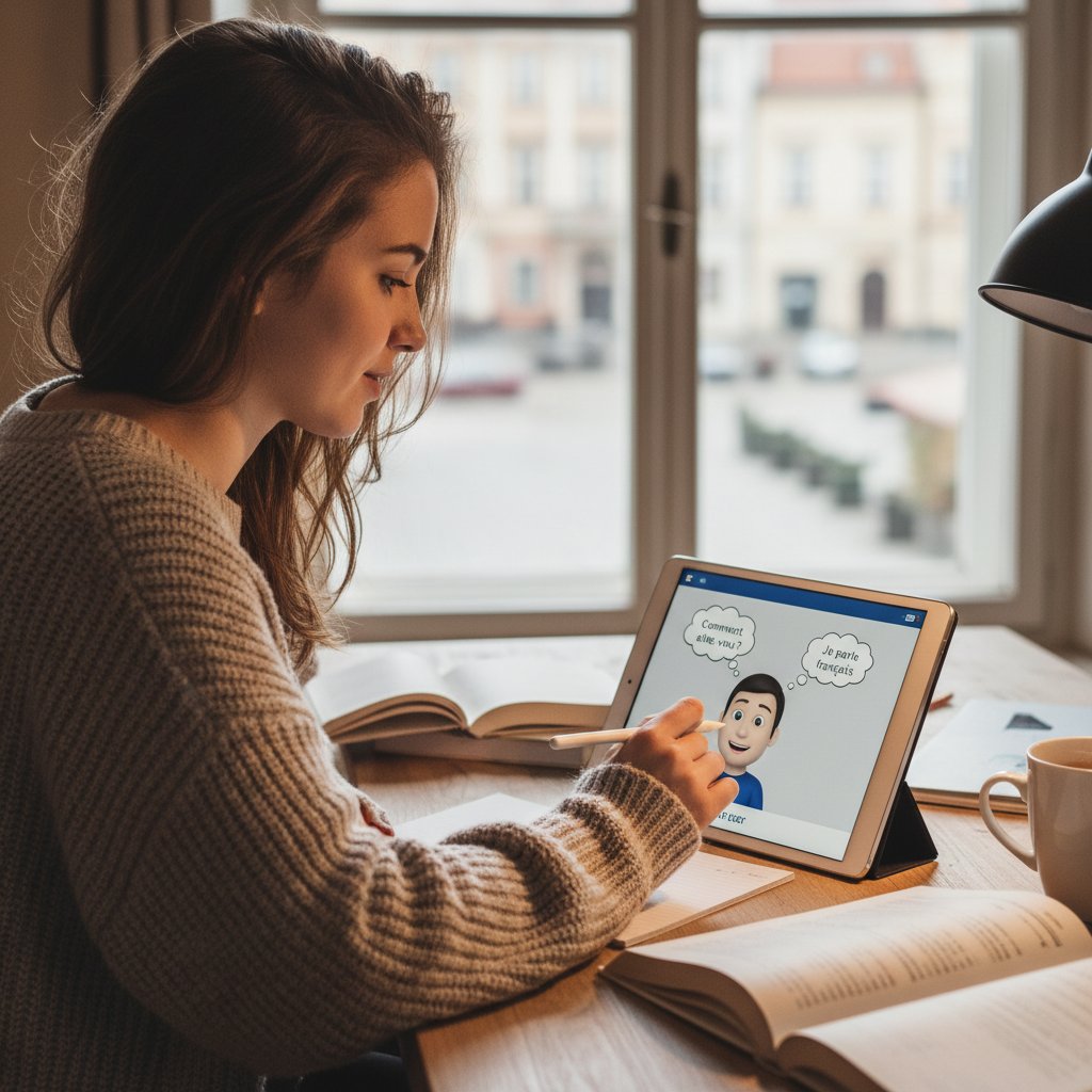 Student korzysta z korepetytor.ai na tablecie podczas nauki francuskiego