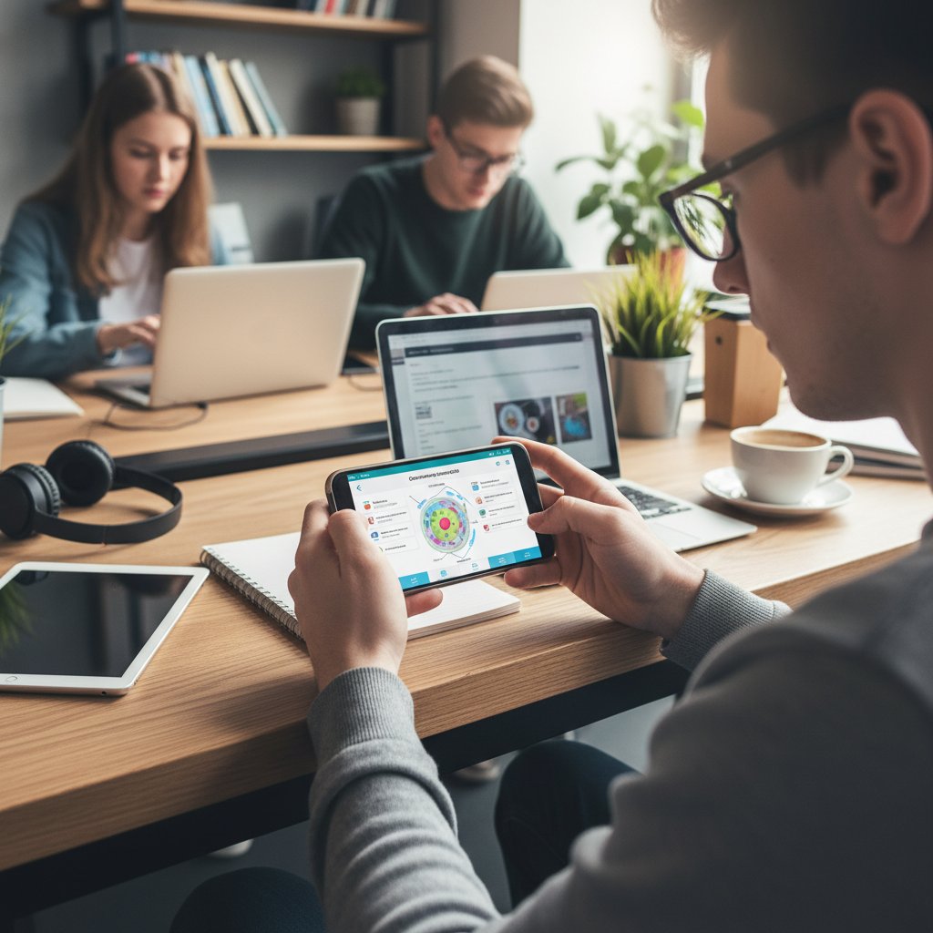 Uczeń korzystający z aplikacji edukacyjnej na smartfonie, nowoczesne technologie w nauce