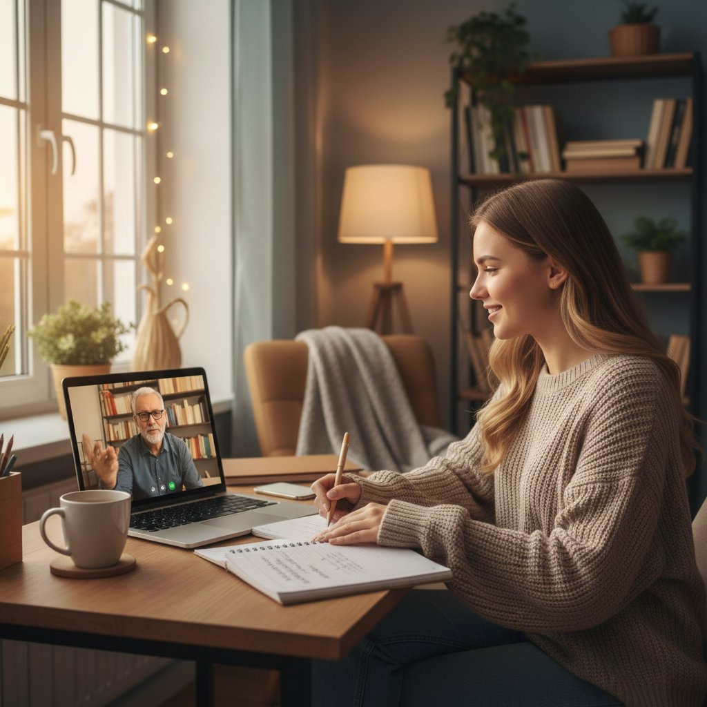Młoda osoba dzwoniąca na wideo do nauczyciela, domowa atmosfera