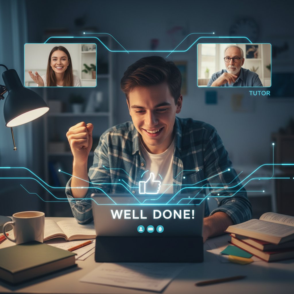 Polski uczeń podczas wideorozmowy z przyjacielem lub korepetytorem, ulga na twarzy, cyfrowy interfejs