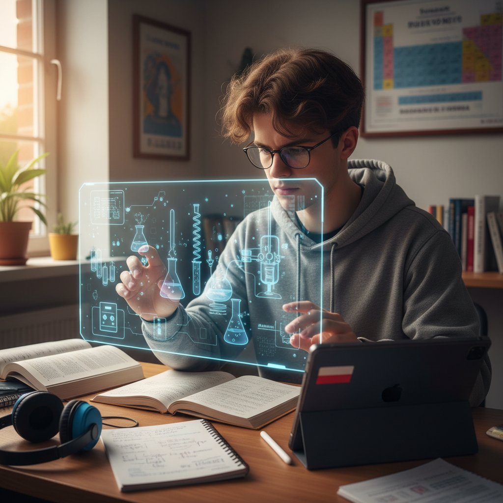 Uczeń wpatrzony w ekran podczas eksperymentu online, szkło laboratoryjne i notatki na biurku