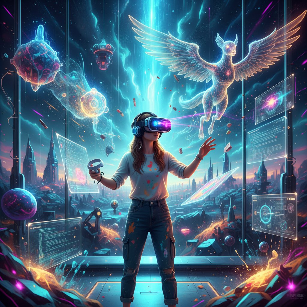 Polski student korzysta z VR w cyfrowym studio artystycznym, wizjonerska scena