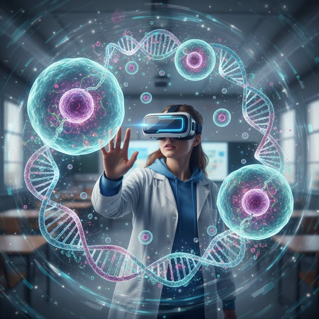 Polski uczeń z goglami VR, otoczony wirtualnymi modelami komórek i DNA, dynamiczna scena