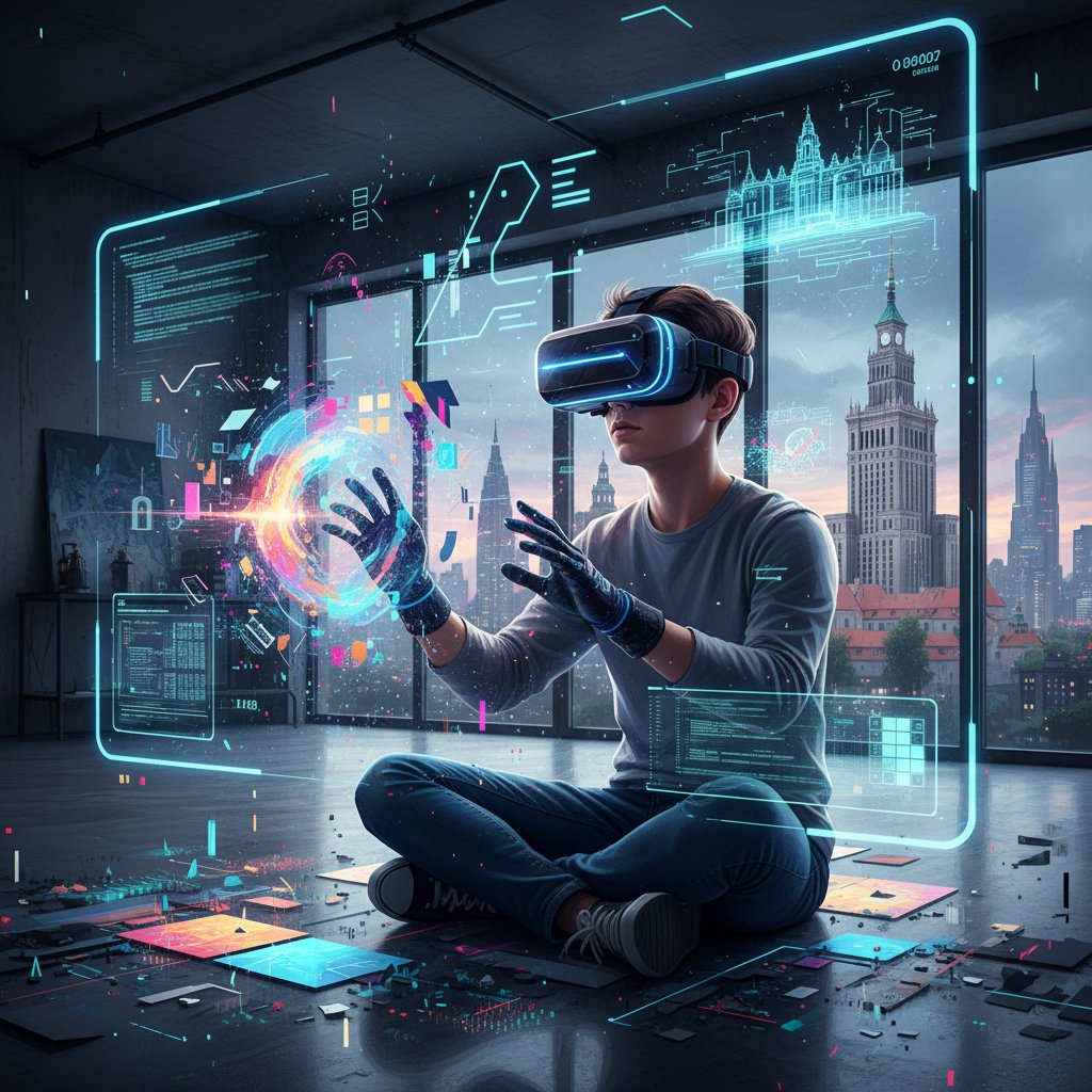 Polski student w okularach VR rysujący cyfrową scenę, otoczony nowoczesną technologią, kreatywność