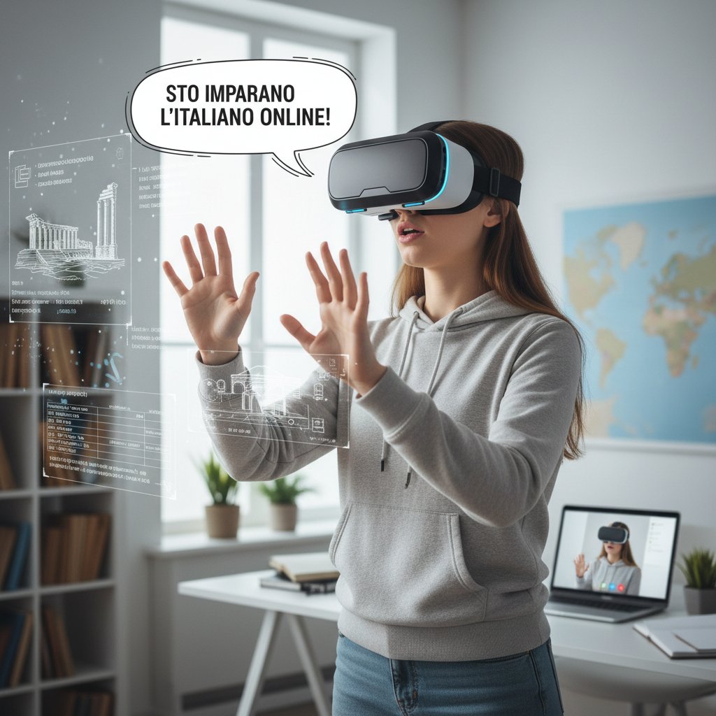 Polski student w zestawie VR gestykuluje, ćwicząc włoski podczas zajęć online