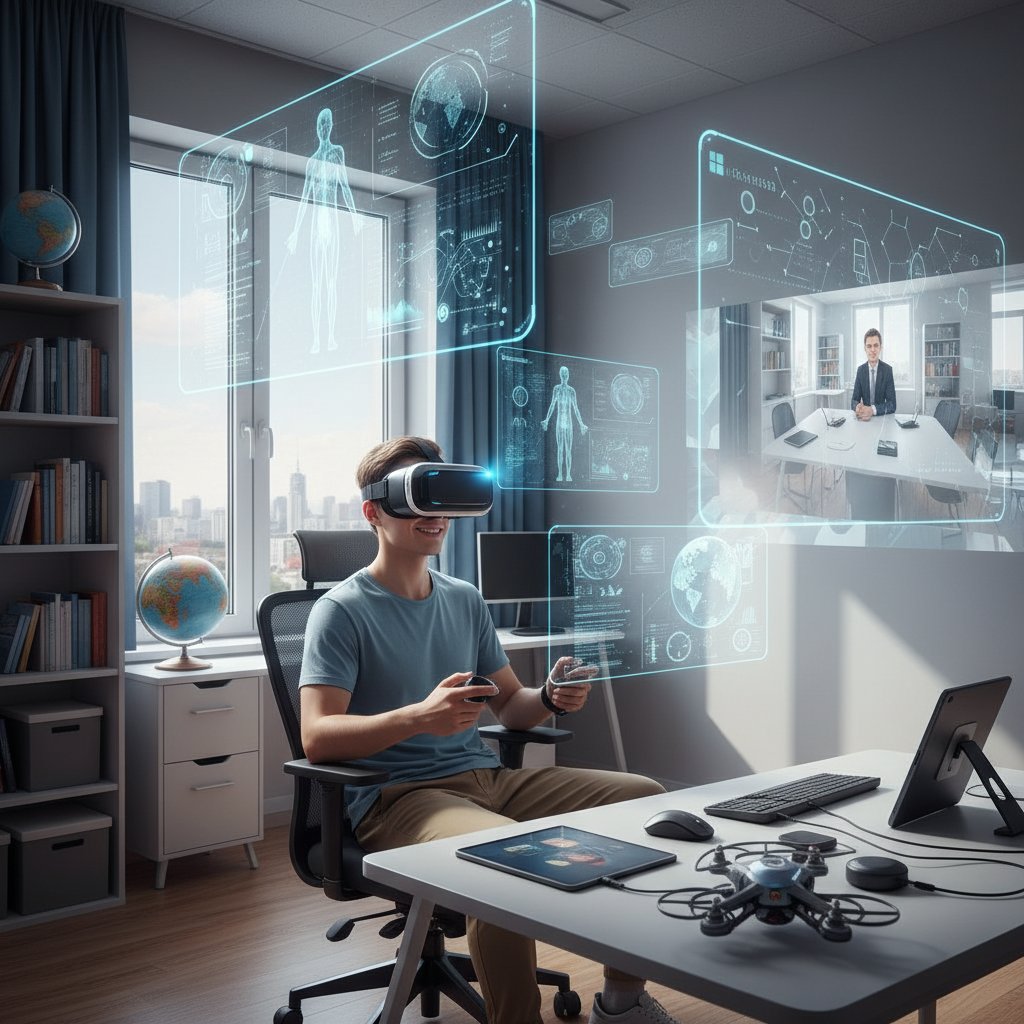 Uczeń korzystający z VR podczas nauki do matury, nowoczesny pokój, technologia edukacyjna 2024