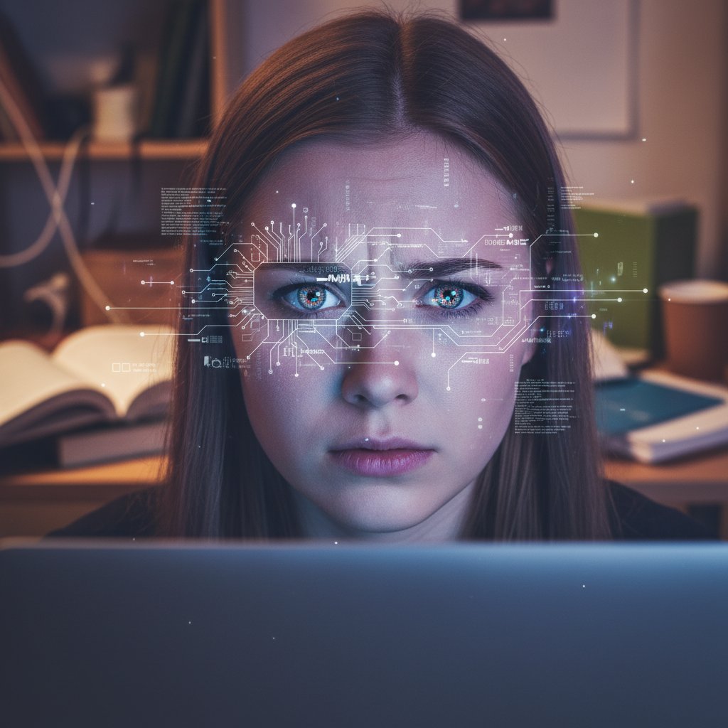 Zbliżenie na twarz polskiego ucznia odbijającą się w ekranie laptopa, oczy pełne niepokoju, nakładki z cyfrowymi komunikatami o błędach