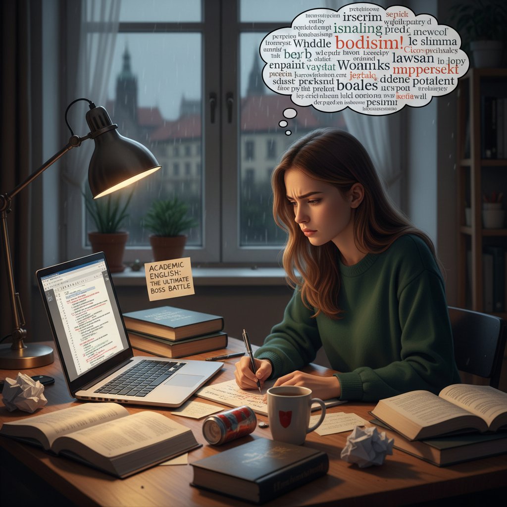 Studentka zmaga się z pisaniem eseju naukowego z angielskiego online
