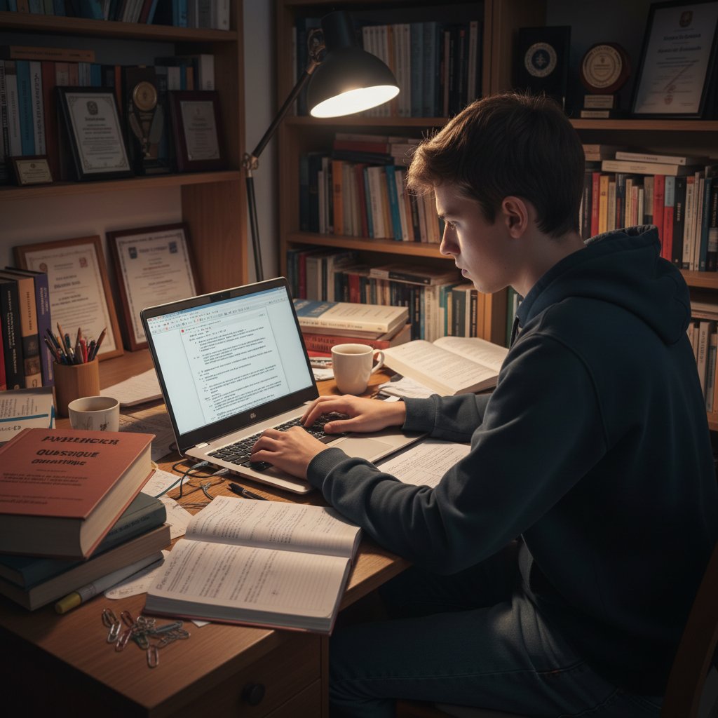 Polska studentka pisząca publikację naukową po francusku przy biurku z laptopem i książkami