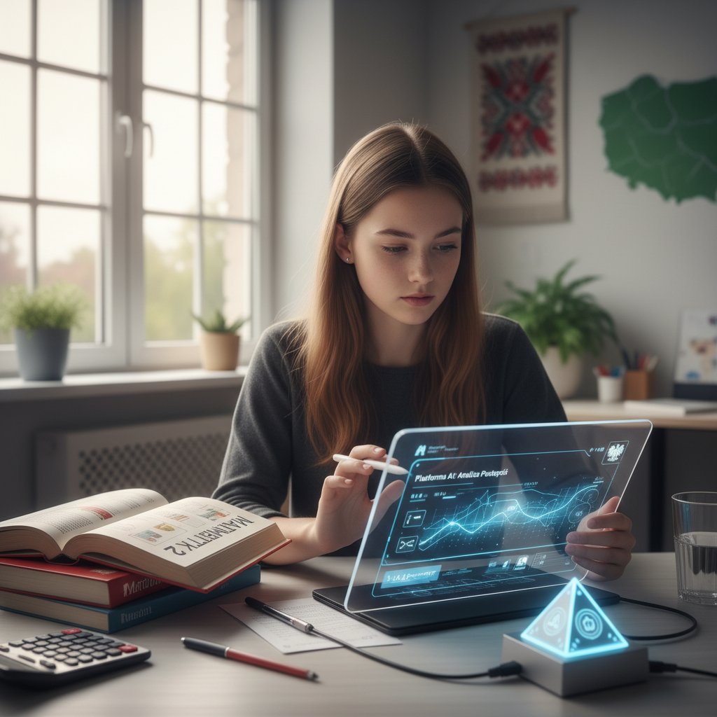 Uczennica pracująca z platformą AI do lektur szkolnych, analiza postępów na ekranie