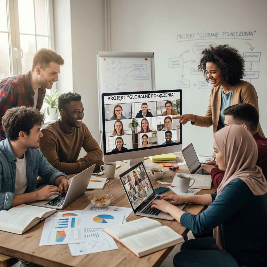 Grupa polskich uczniów pracuje wspólnie podczas sesji online, różnorodność, współpraca