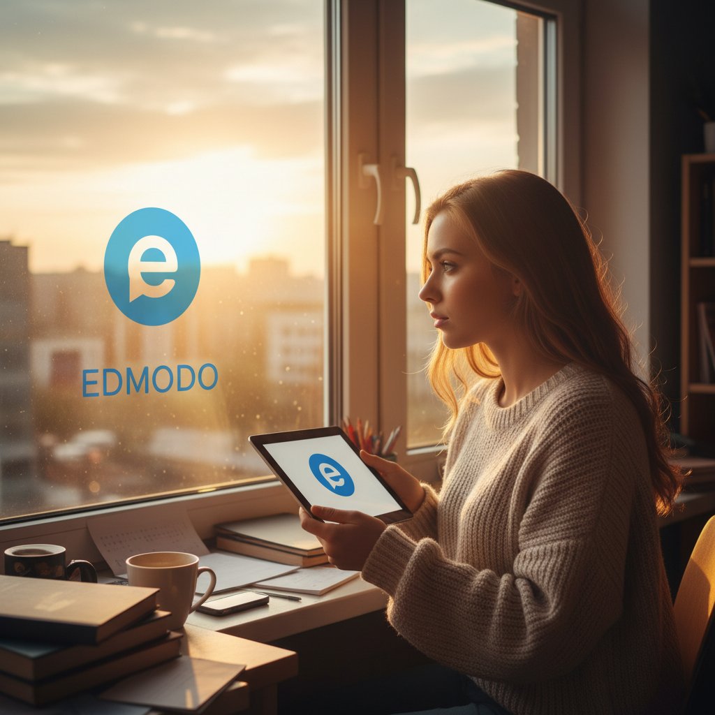 Uczeń myślący o przyszłości z Edmodo korepetycje online, świt za oknem