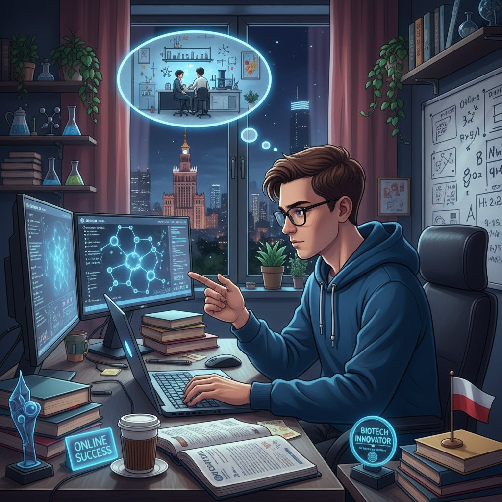 Uczeń Michał korzystający z korepetycji online, zdeterminowana mina, notatki i laptop, biotechnologiczne motywy, słowa kluczowe: sukces w nauce, biotechnologia, korepetycje online, matura