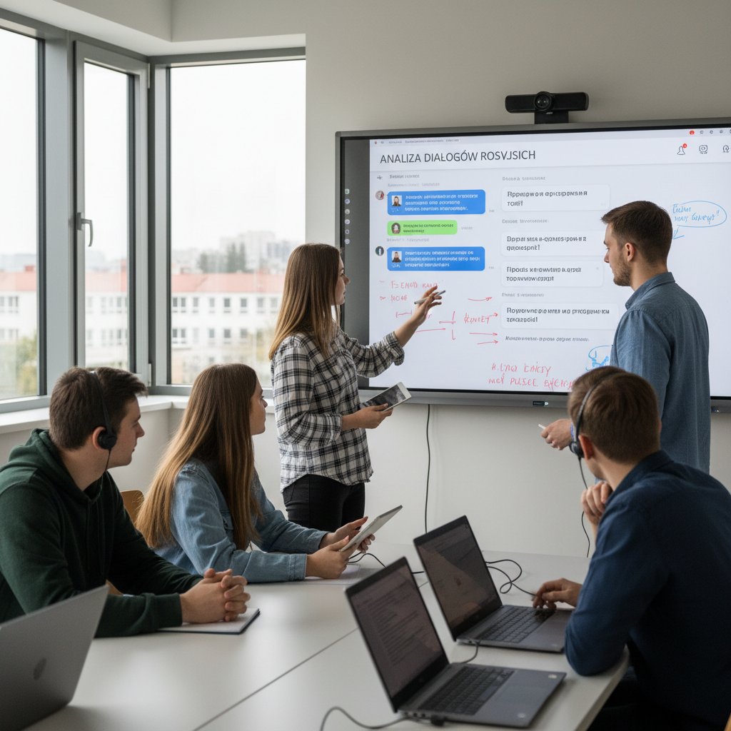 Polscy uczniowie analizują fragmenty rosyjskich dialogów online, interaktywna tablica, grupa, zaangażowanie