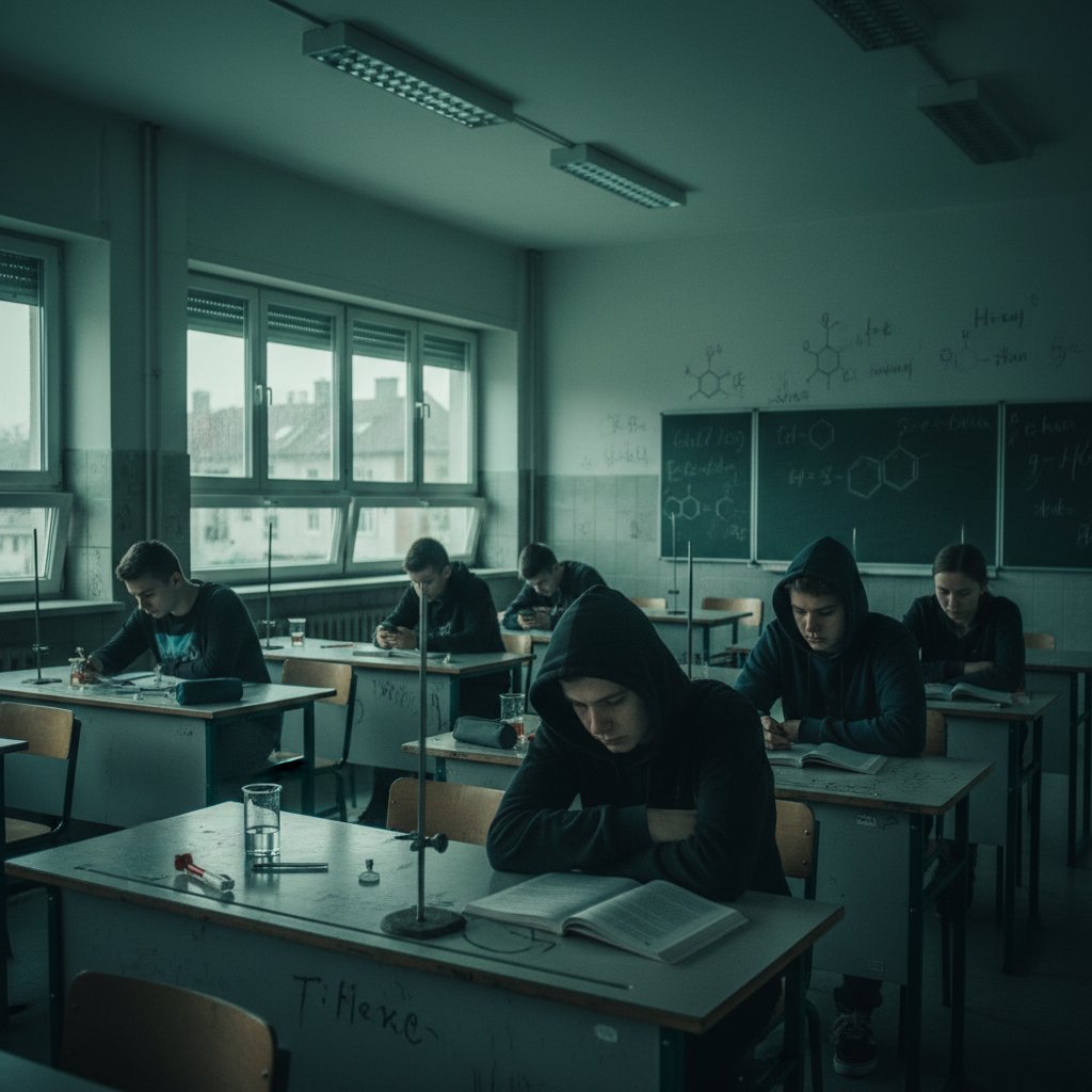 Polscy uczniowie znudzeni lekcją chemii, atmosfera napięcia i niechęci, szkolna klasa