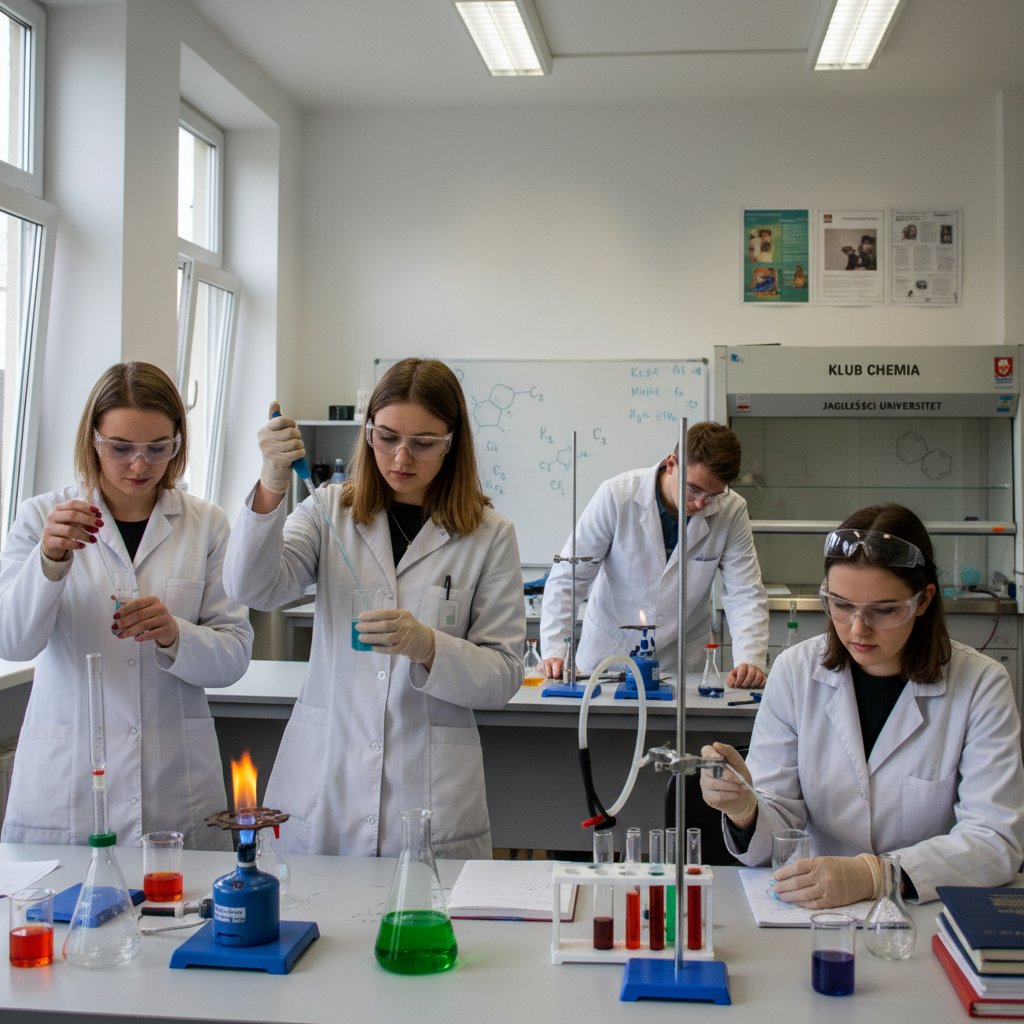 Młoda polska grupa uczniów prowadzi doświadczenia w ramach kółka chemicznego