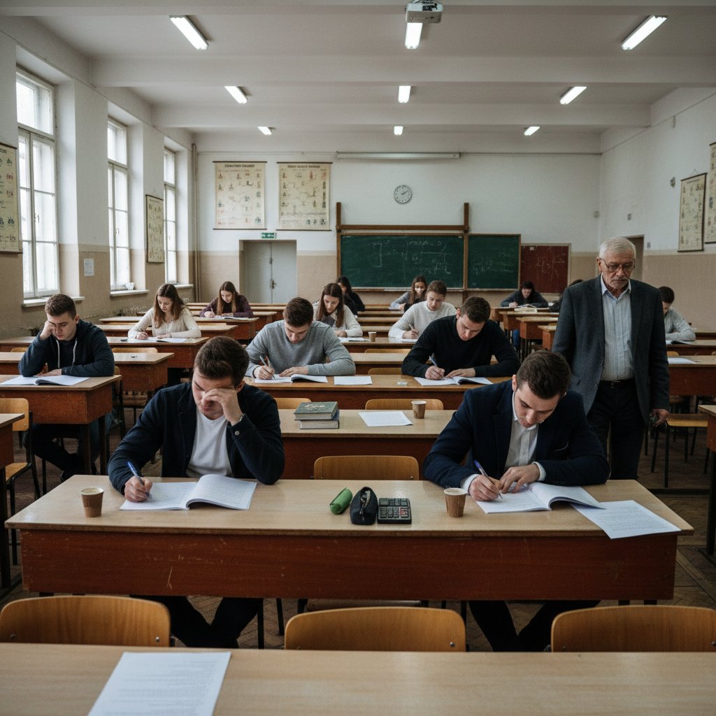 Uczniowie podczas egzaminu maturalnego z chemii, skupieni nad arkuszami