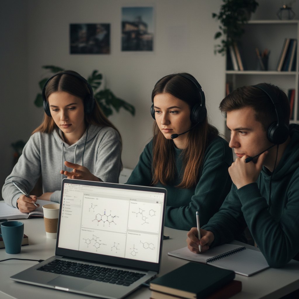 Grupa polskich uczniów pracuje razem nad zadaniami z chemii online, atmosfera współpracy i skupienia