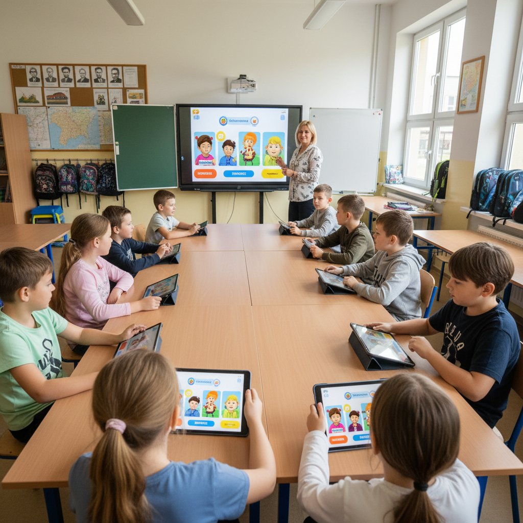 Polscy uczniowie w klasie grający na tabletach w grę edukacyjną rozwijającą empatię