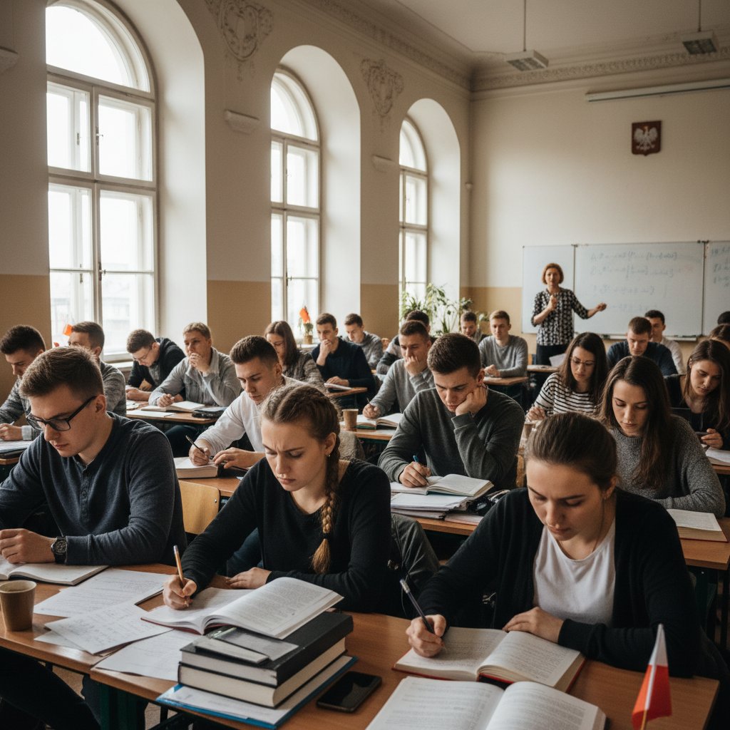 Polscy uczniowie w zatłoczonej klasie, kontrastujące emocje, 2025, rozwój osobisty